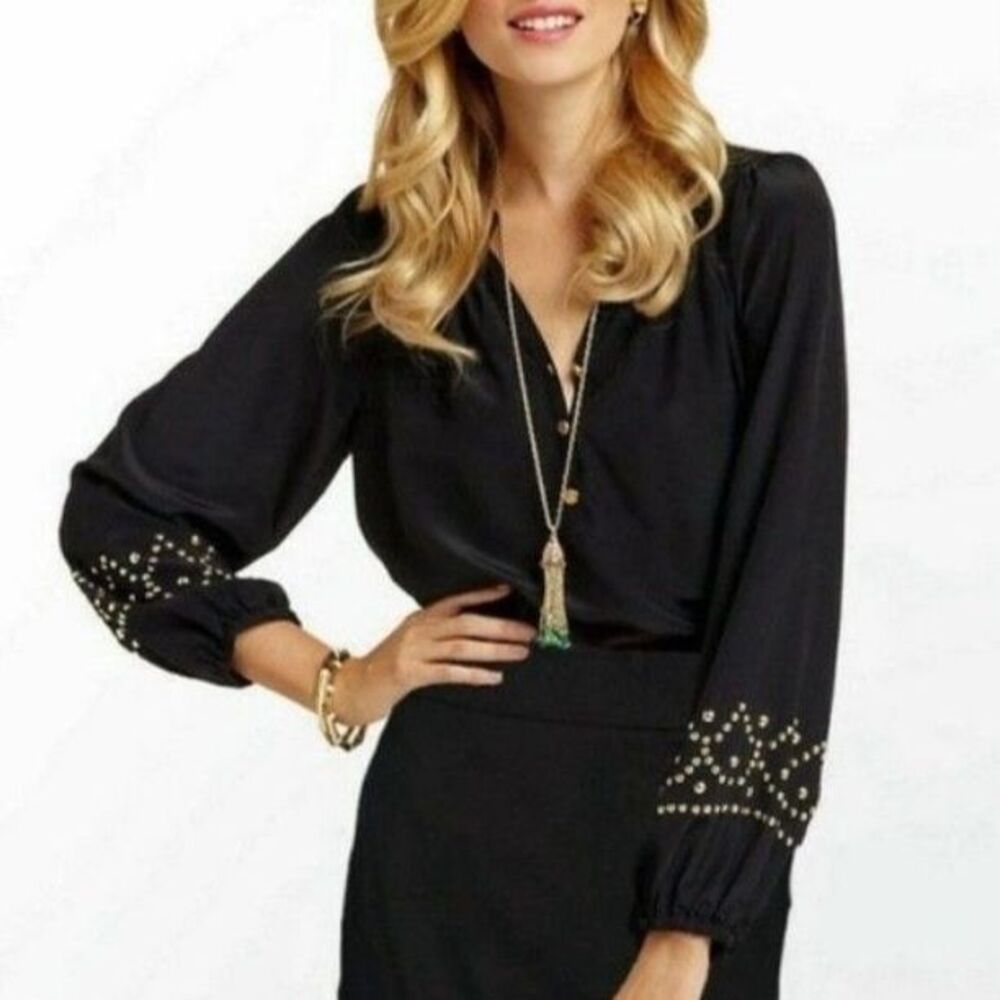Lilly Pulitzer Elsa Black Silk V-Neck Gold Studded Bracelet Sleeve Flowy Top S